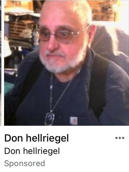 An older man with glasses and a beard is sitting in front of a computer. He wears a dark shirt and has suspenders. The image includes text identifying him as Don Hellriegel and is labeled as 