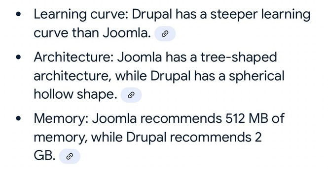 • Learning curve: Drupal has a steeper learning curve than Joomla.

• Architecture: Joomla has a tree-shaped architecture, while Drupal has a spherical hollow shape. 

• Memory: Joomla recommends 512 MB of memory, while Drupal recommends 2 GB.