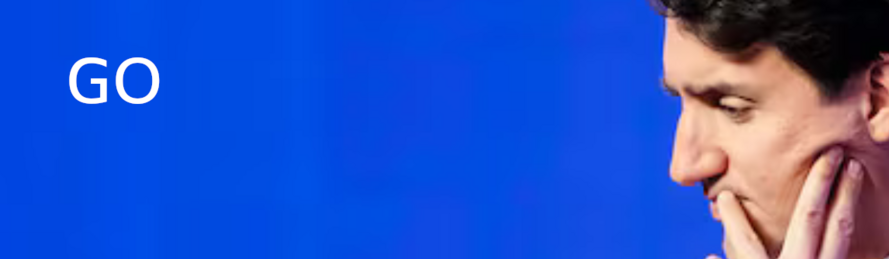 Image of Trudeau  on a blue background, with the word 'GO' in white.
