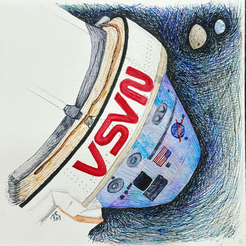 ORION’S PERSPECTIVE by Danielle Rose Baker. A mixed-media illustration in watercolor and ink of the NASA Orion capsule in lunar orbit, looking back on a gibbous Moon and Earth. The capsule is seen with the metal lit in shades of blue and purple, with a white painted bottom. A large red NASA worm logo dominates the bottom section of the capsule. The NASA meatball logo and an American flag are seen higher up on the capsule. The blackness of space is represented by many dense multi-colored ink lines, forming a dark scratch-textured background.
