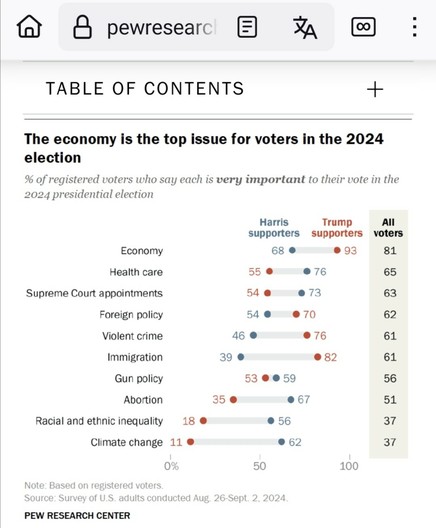 Screenshot Geafik des Pew Research Center zu wahlentscheidenden Faktoren:

"The economy is the top issue for voters in the 2024 election" 