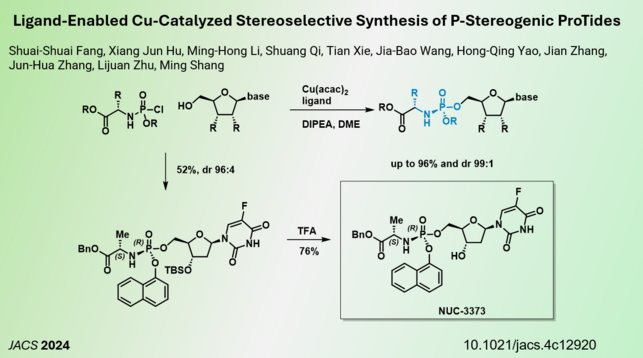 Ligand-Enabled Cu-Catalyzed Stereoselective Synthesis of P‑Stereogenic ProTides
Shuai-Shuai Fang, Xiang Jun Hu, Ming-Hong Li, Shuang Qi, Tian Xie, Jia-Bao Wang, Hong-Qing Yao, Jian Zhang, Jun-Hua Zhang, Lijuan Zhu, Ming Shang
JACS 2024                                                                                                                                            10.1021/jacs.4c12920
