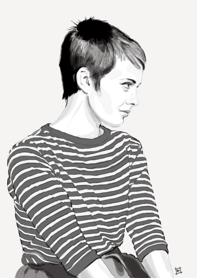 digital pencil & ink sketch of a real icon - on both a cinematic & a political level - jean seberg.
here she is, from a shot from godard's 'breathless', in profile, wearing the stripy top she made famous.
monochrome on pale grey.