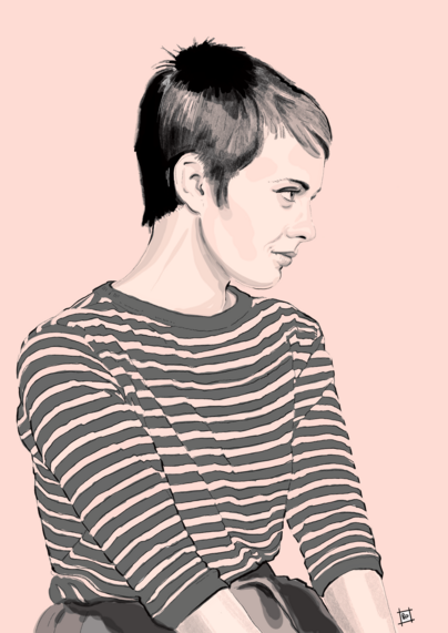digital pencil & ink sketch of a real icon - on both a cinematic & a political level - jean seberg.
here she is, from a shot from godard's 'breathless', in profile, wearing the stripy top she made famous.
monochrome on pale peach.