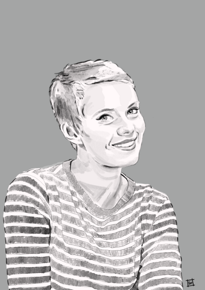digital pencil & ink sketch of iconic activist & actor, jean seberg.
from the set of JLG's 'breathless', jean smiles into the camera in 3/4 profile, wearing her signature barnet & the stripy top that she wore so effortlessly.
monochrome on mid-grey.