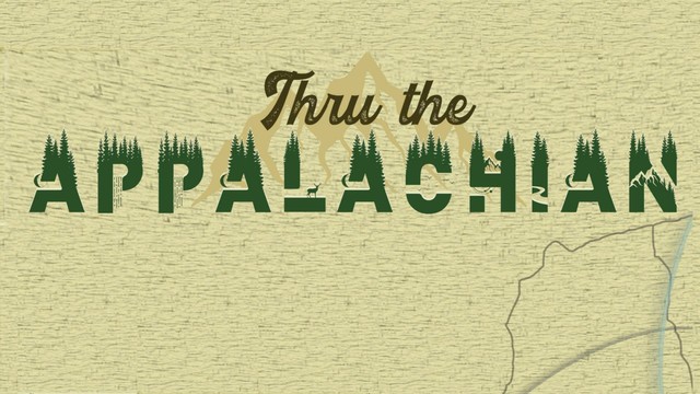 A stylized logo on textured map paper that says "Thru the Appalachian" with a stencil of a mountain in the background.