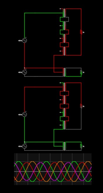 Circuit diagram and set of four waveforms, each separated by approximately 90 degrees.