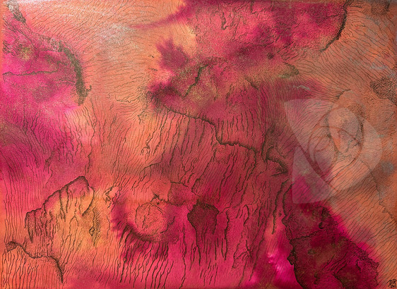 RIPPLES OF BARSOOM by Danielle Rose Baker. A vibrant wash of magenta and peach-gold shimmer inks over a detailed sepia ink drawing, showing two ancient Martian tributaries and the main river channel of Nirgal Vallis as imaged by the HiRISE observation camera orbiting Mars. This channel is approximately 610 kilometers long and is named after Nergal, the Babylonian god of war. Prominent ripple marks indicate the direction of water flow in the distant past, seen now preserved in sedimentary rock formations. Three flow channels meet in the upper mid-right of the piece, with the ripple marks forming a triangular area of confluence.