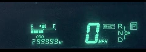 Color image of the information screen of a 2005 Prius HEV. Image shows the odometer at 299,999. For the 2004-2006 Prius - and some other - Toyota models, the odometer was designed to read only up to 299,999 miles, engineers deciding that was apparently enough, the first digit designed to emit only a 0, 1, or 2. Thus, those years of the Prius can never display more than the mechanical limit of 299,999 miles.