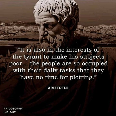 A sepia-toned image with a closeup photo of a sculpture of Aristotle’s head, the city of (presumably) Athens spread out in the far distance beyond.  Beneath the sculpture is this version of the quote by Aristotle from “Politics”: “It is also in the interests of the tyrant to make his subjects poor… the people are so occupied with their daily tasks that they have no time for plotting.”

In the lower left corner it reads, 
Philosophy 
Insight