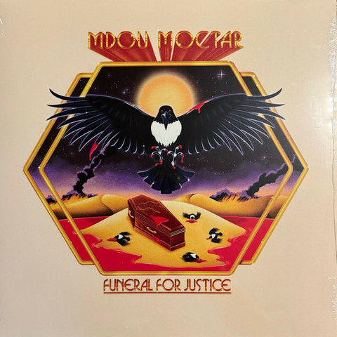 Image shows a bird of prey over a stylized coffin on the cover of Mdou Moctar's Funeral for Justice LP