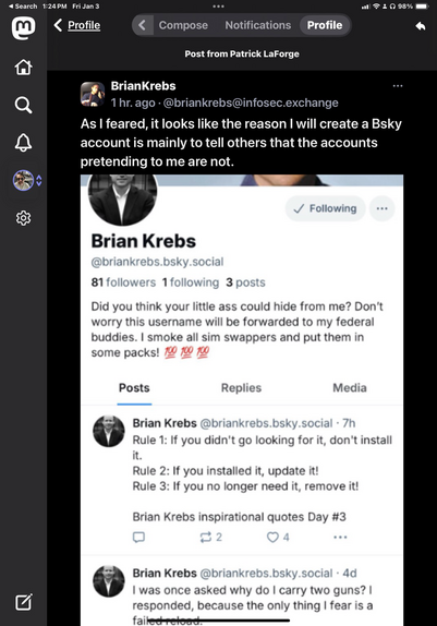 A screenshot of my post on Bluesky flagging the fake Brian Krebs account there, similar to the one man replying to here 