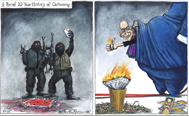 Color editorial cartoon. Label Brief 10 Year History of Cartooning. Two panels 1 dark background 2 al Qaeda gunman assault rifles taking a selfie one flashing a peace sign standing over a red Charlie Hebdo cartoon with bullet holes 2 Bezos coming out t’s ass lighting a trash can full of cartoons. Support for Anna Telnaes fired WP cartoonist . Reference: “Two masked al Qaeda-linked gunmen with assault rifles stormed what were then the offices of Charlie Hebdo and killed 12 people. The attackers sought to avenge the Prophet Mohammad nearly a decade after the atheist and frequently provocative weekly published cartoons mocking the Prophet.”