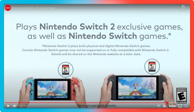  A promotional image for the Nintendo Switch 2, featuring two hands holding the console in different colors—one in light blue and the other in red. The screen displays vibrant gameplay, showcasing a colorful platformer scene. Above the consoles, text reads, "Plays Nintendo Switch 2 exclusive games, as well as Nintendo Switch games." Below, a note explains compatibility with physical and digital Nintendo Switch games. In the center, a game cartridge is shown, labeled with the Nintendo Switch logo. The background is a soft gradient, transitioning from blue to red, enhancing the modern and playful aesthetic typical of Nintendo's branding.