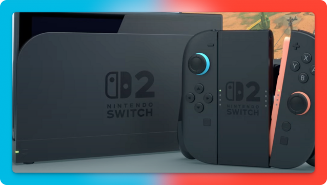 A close-up view of the Nintendo Switch 2 console, prominently displaying the device alongside its matching dock. The console features a sleek black design with a prominent "Nintendo Switch 2" logo on the front. The left Joy-Con is black with a blue joystick, while the right Joy-Con is black with an orange joystick, showcasing a modern color scheme. The dock behind the console has a similar matte finish, emphasizing the streamlined aesthetics. The background features a vibrant gradient transitioning from blue to red, enhancing the contemporary and playful vibe typical of Nintendo's branding.