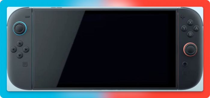 Nintendo Switch 2, the controllers and edges of the device/controllers are very rounded, and the general colour is grey, other than a bit of blue and red as controller highlights.
