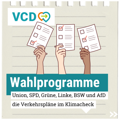 Man sieht drei Hände, die jeweils einen Zettel hochhalten, auf dem je ein Häkchen gesetzt ist. Text im Bild: Wahlprogramme - Union, SPD, Grüne, Linke, FDP, BSW und AfD - die Verkehrspläne im Klimacheck
