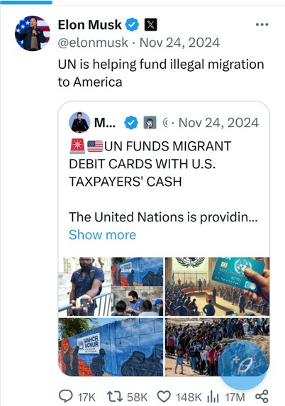 Tweet von Elon Musk, 24.11.2024

"UN is helping fund illegal migration to America" 