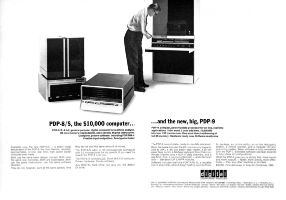 A 1965/1966 double page advert for the PDP-8/S (a very heavy "desktop") and the machine-room sized PDP-9. Sadly it is in black and white, because the colour-schemes of those machines were fantastic.