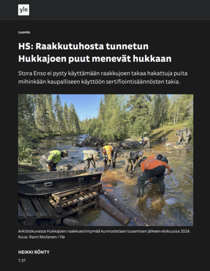 HS: Raakkutuhosta tunnetun Hukkajoen puut menevät hukkaan

Stora Enso ei pysty käyttämään raakkujoen takaa hakattuja puita mihinkään kaupalliseen käyttöön sertifiointisäännösten takia.
Miehet lapioimassa maa-ainesta joesta ahkioon.

Arkistokuvassa Hukkajoen raakkuesiintymää kunnostetaan tuhoamisen jälkeen elokuussa 2024. 
(Selät köyryssä seisovia huomioväreihin pukeutuneita henkilöitä seisoo vedessa lapioimassa)
Kuva: Rami Moilanen / Yle

YLE 2025-0214

>> https://yle.fi/a/74-20143665