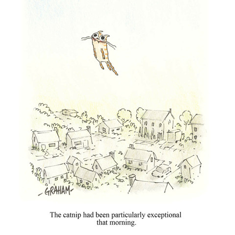 A cartoon illustration of a stoned looking cat floating way above in the sky above a neighborhood. Caption reads "The catnip had been particularly exceptional that morning." 