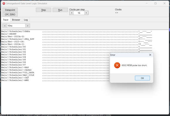 A scope trace from the simulator. A popup error windows reads "6502 RESB pulse too short".