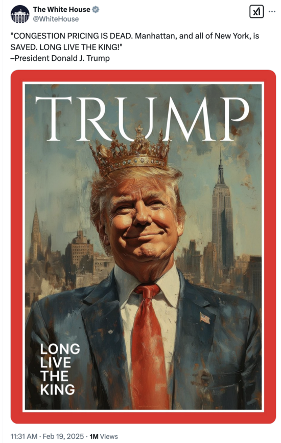 Mock magazine cover showing Trump as King in New York wearing a crown.