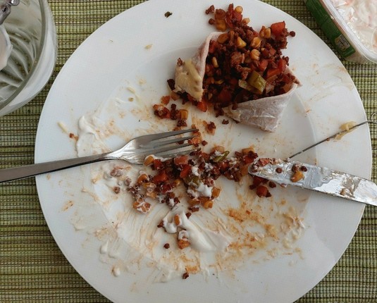 Ein fast leergegessener Teller mit Resten eines Tortilla mit veganer Füllung und mit Käse überbacken auf einem weißen Teller. Daneben eine leere Schüssel Joghurt und ein Becher veganer Cole Slaw.