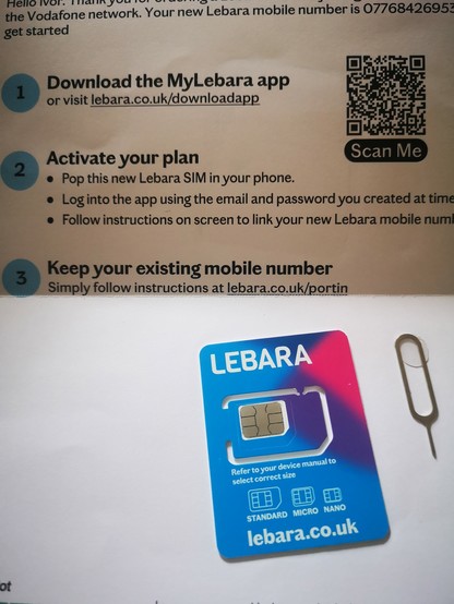 A new sim card and the letter introducing it from Lebara, the provider. 