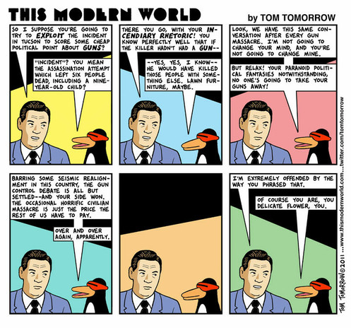 A "conservative" man in a suit and tie is talking to Sparky the Penguin about the latest mass shooting in a THIS MODERN WORLD comic strip by Tom Tomorrow.