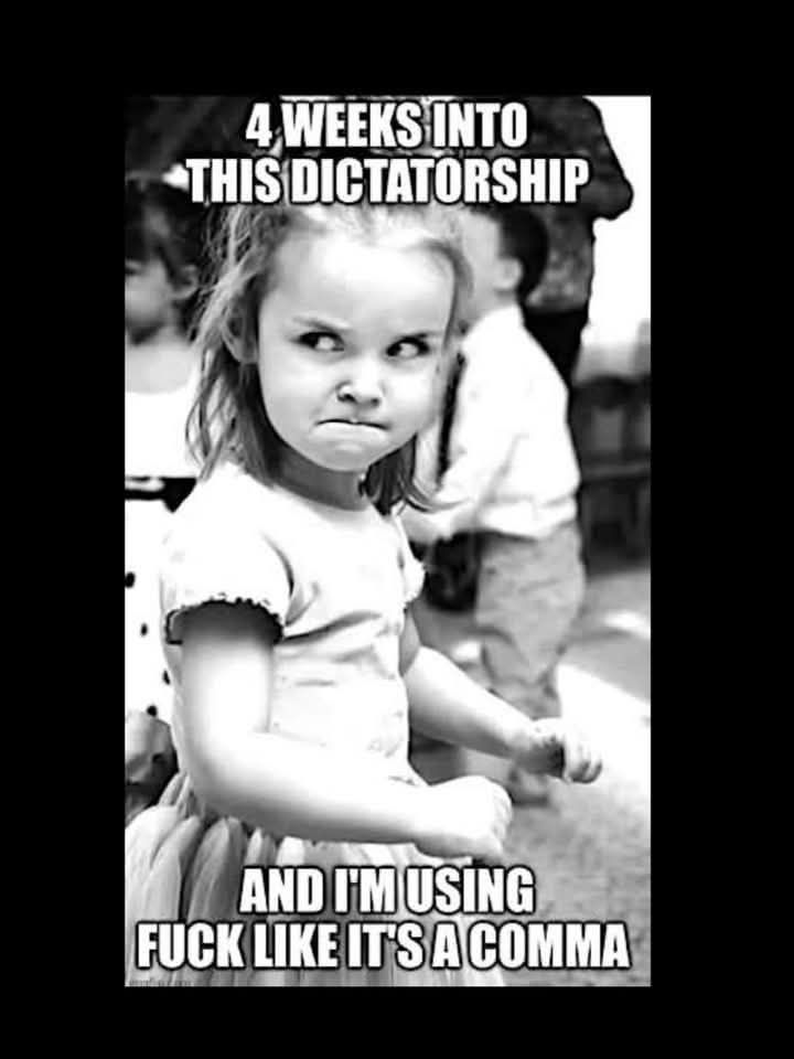 Photo of angry young girl saying, '4 weeks into the dictatorship and I'm using 'fuck' like its a comma.
