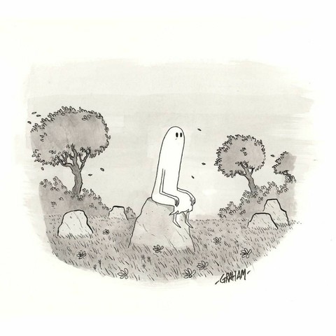 A cartoon illustration of a ghost sitting on a rock in a breezy field.