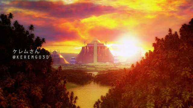 a rich landscape view of ancient pyramids with glowing golden lights surrounded with tropical environment during a majestic sunset. illustration depicting the mythical El Dorado for David Arkenstone's Myths & Legends DVD project