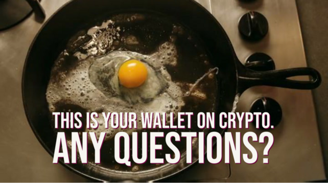 Egg in a frying pan.  Caption: This is your wallet on crypto.  Any questions?