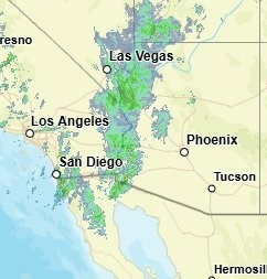 Satellite map of radar returns showing rain moving from California into Arizona