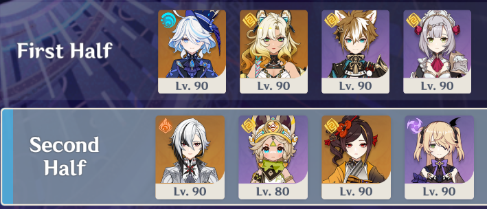 Furina-XIlo-Gorou-Noelle and Arle-Kachina-Chiori-Fischl team