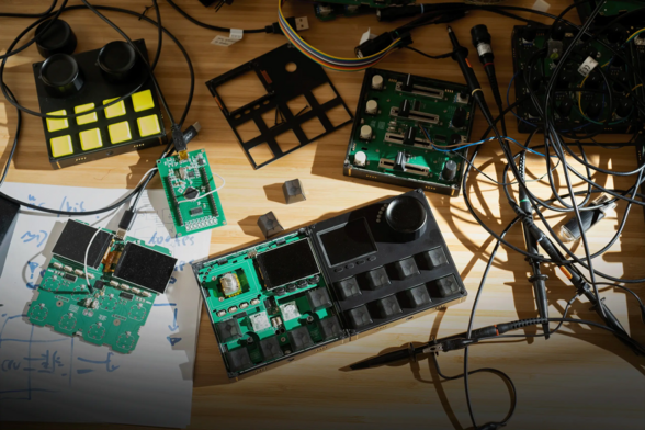 Top down view on a table with many intech studio controller units opened up and worked on with soldering irons, etc.