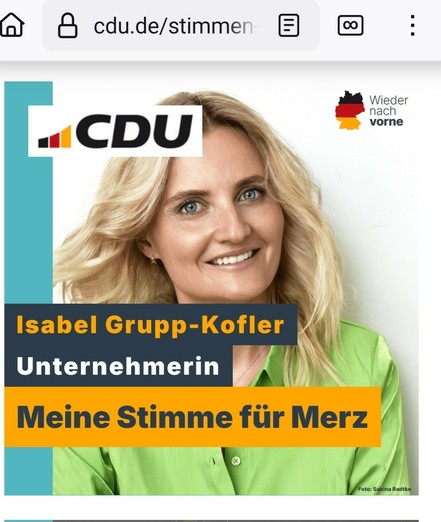 Webseite der CDU:  Werbekachel der PR-Kampagne "Meine Stimme für Merz" mit Foto von Grupp-Kofler.  