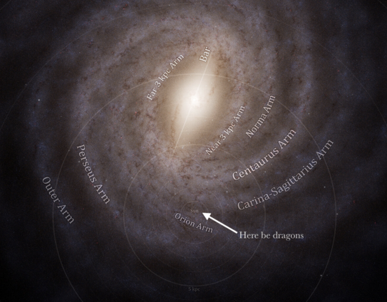 A digital render by ESA depicting the Milky Way galaxy, our home galaxy, with its spiral arms and its luminous, hazy oval core. 

The image represents what our home galaxy, the Milky Way, might look like face-on: as viewed from above the disc of the galaxy, with its spiral arms and bulge in full view. In the centre of the galaxy, the bulge shines as a hazy oval, emitting a faint golden gleam. Starting at the central bulge, several glistening spiral arms coil outwards, creating a perfectly circle-shaped spiral. They give the impression of someone having sprinkled pastel purple glitter on the pitch-black background, in the shape of sparkling, curled-up snakes.