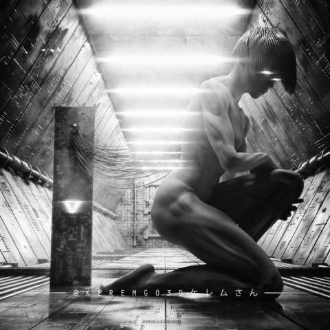 a tall and muscular female cyborg figure connected to a device through cables in a highly advanced spacecraft corridor 