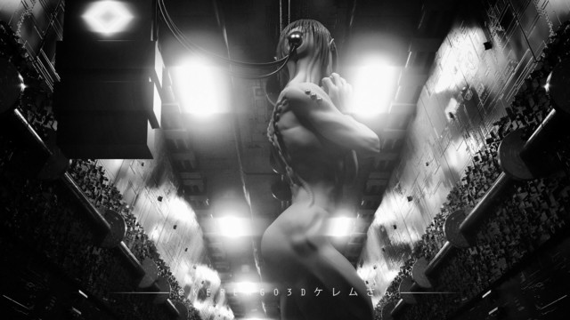 portrait of a a tall and muscular female cyborg figure connected to a device through cables in a highly advanced spacecraft corridor 