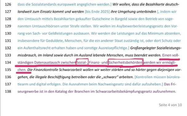 Sondierungspapier zu Arbeit & Soziales, S. 4/10, Z. 133-135 "Einen vollständigen Datenaustausch zwischen SOZIAL-, Finanz- und SICHERHEITSBEHÖRDEN werden wir ermöglichen."
(eigene Hervorhebung) 
