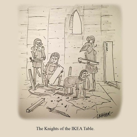 A cartoon illustration of four knights frustratingly trying to put an IKEA table together. Caption reads "The Knights of the IKEA Table."
