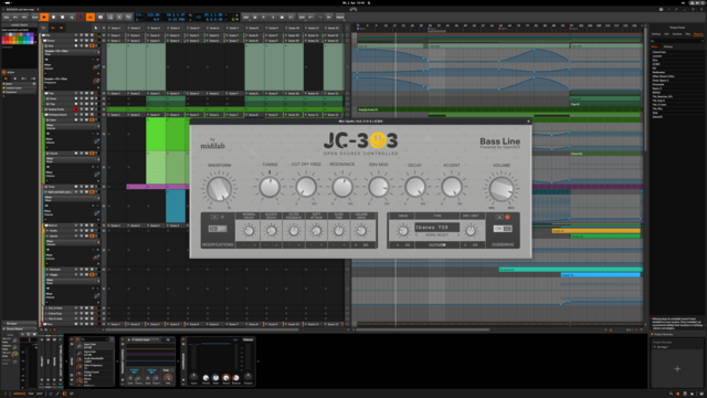 JC-303 with overdrive in Bitwig Studio on GNOME, Manjaro Linux.