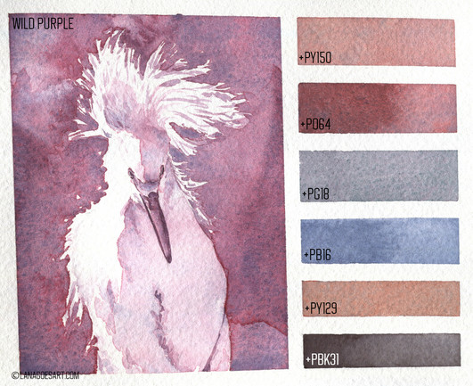 Scan of a sketchbook page with swatches on the right and a bird painting on the left. It's an egret with his head feathers blowing in the wind giving it some funky hair. It's painted in a purple, that separates on paper into magenta and blue.