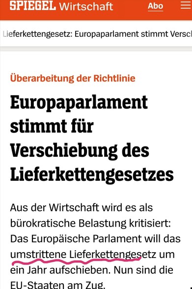Spiegel-Artikelteaser zur Aufschiebung des "umstrittenen" Lieferkettengesetzes. 
