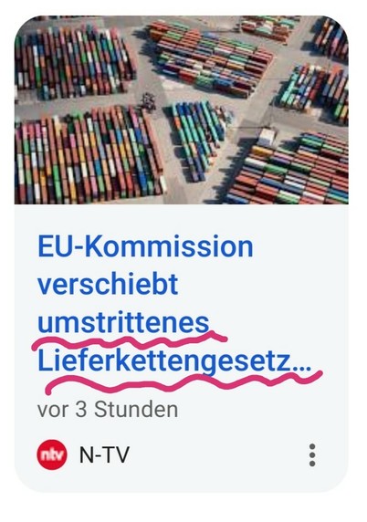 n-tv -Schlagzeile zur Aufschiebung des "umstrittenen" Lieferkettengesetzes. 