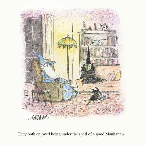 A cartoon illustration of a witch and wizard enjoying Manhattan drinks in their living room. Caption reads "They both enjoyed being under the spell of a good Manhattan."