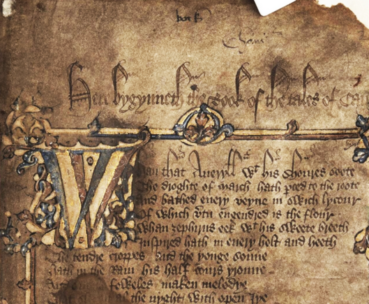 Color image of the first lines from the General Prologue of Geoffrey Chaucer's Canterbury Tales, at the opening folio of the Hengwrt manuscript. Image shows the parchment manuscript, believed to have been written as early as 1400.