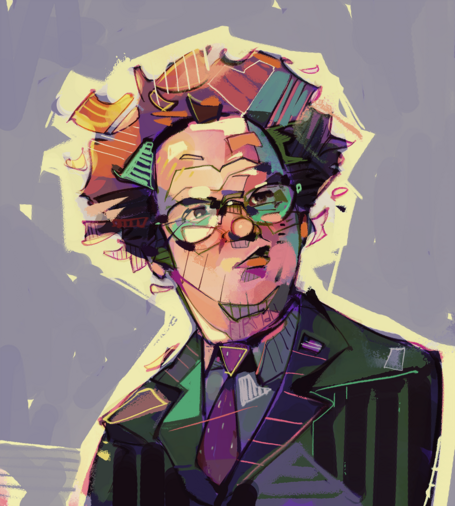 A messy portrait of a character portrayed by John C. Reilly, named Dr. Steve Brule, originally appearing on the Tim & Eric show and then starring in his own spinoff series.  He has a curly explosion of brown hair, wears spectacles, and features an expression of characteristic befuddlement.  He wears a drab green suit over a spotted maroon tie and grey dress shirt.